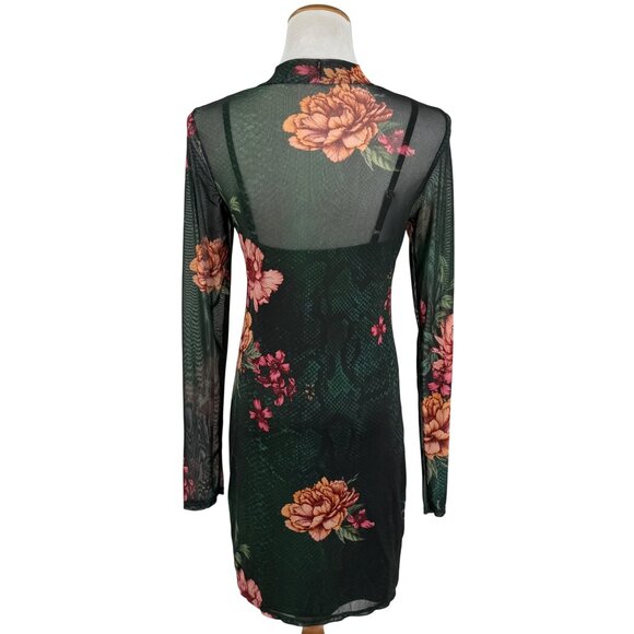 Guess Green Floral Mesh Rhinestone Bodycon Mini Dress | Sirencore Whimsigoth Y2K - Picture 5 of 16